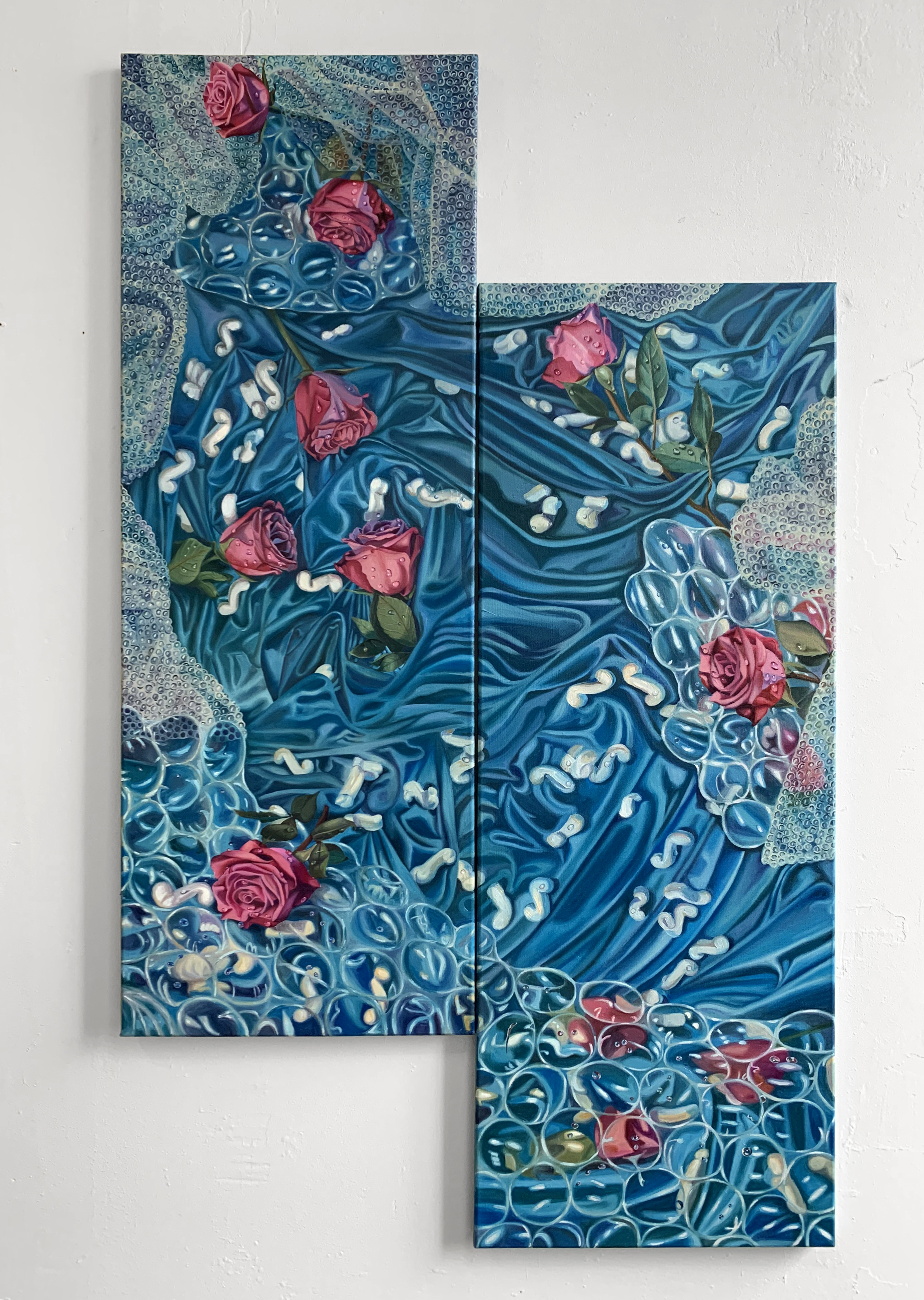 Heavy Surf (Diptych), 40x15 & 40x15 2021 <br>oil on canvas<br><br>I work in an art storage warehouse that houses giant art. We fill two construction dumpsters with discarded polyethylene plastic and foam, twice a week. This piece is me thinking about how the same packaging that protects fine art beauty is destructive to natural beauty.